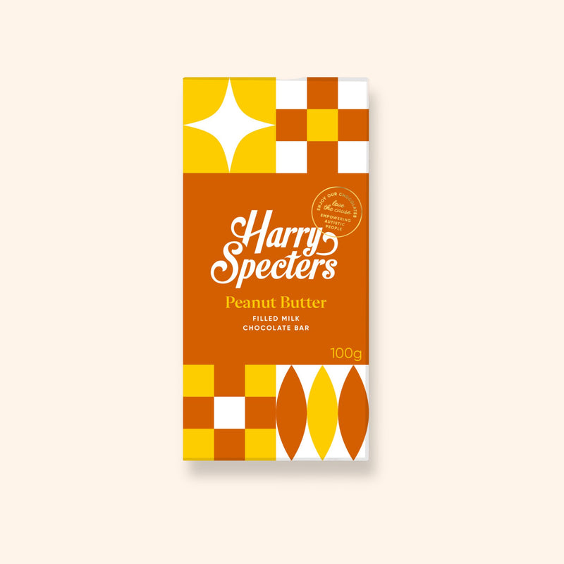 A milk chocolate peanut butter bar in colourful packaging showing the name Harry Specters