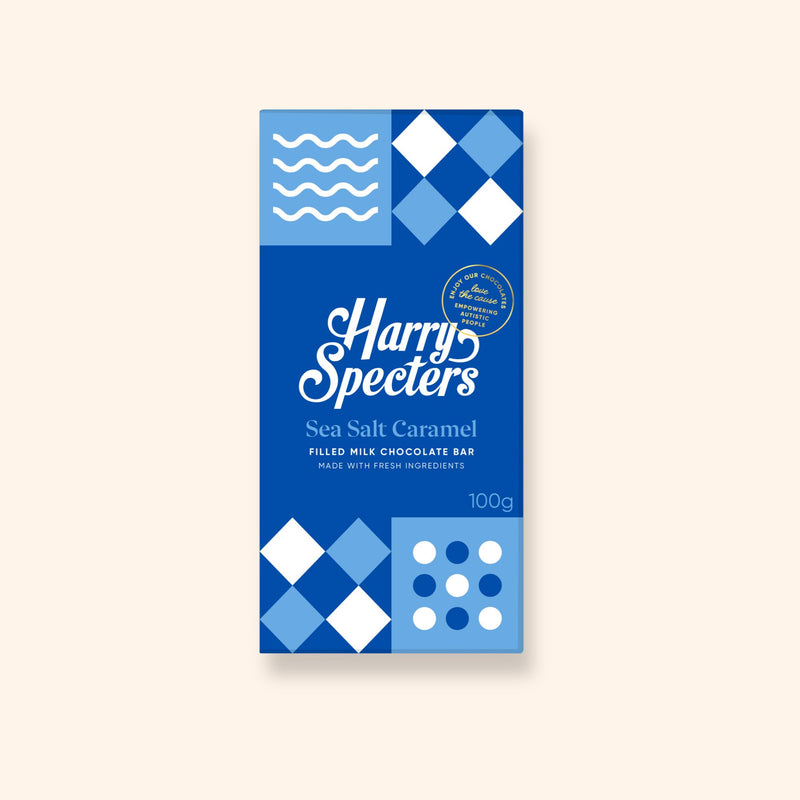 A milk chocolate sea salt caramel bar in colourful packaging showing the name Harry Specters