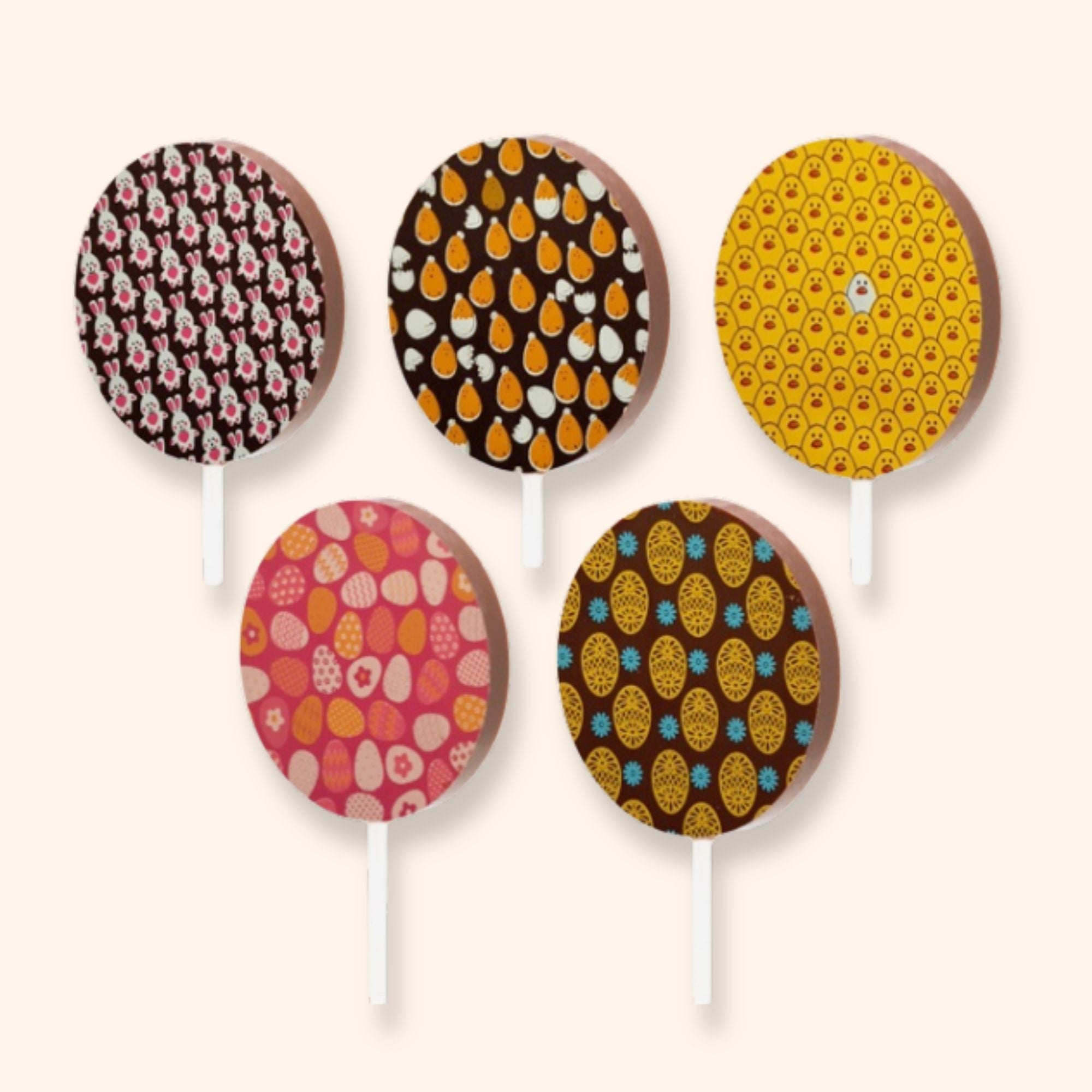 5 milk chocolate lollipops featuring Easter designs including bunnies, chicks, and Easter eggs
