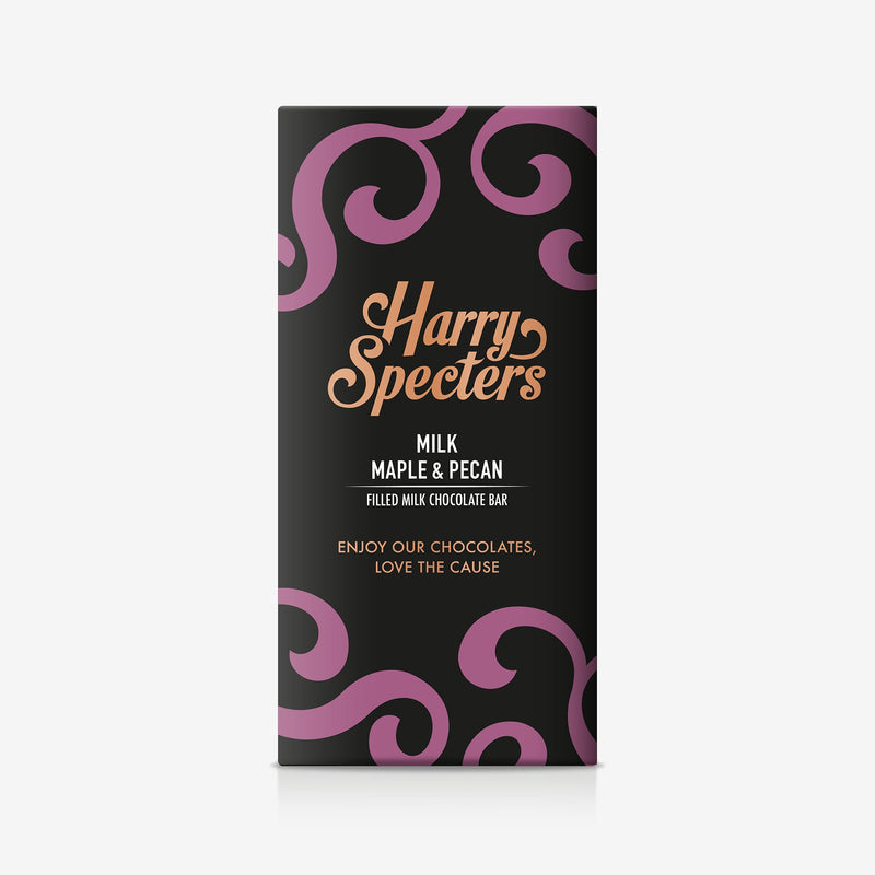 A milk chocolate bar with maple and pecan filling in colourful packaging showing the name Harry Specters