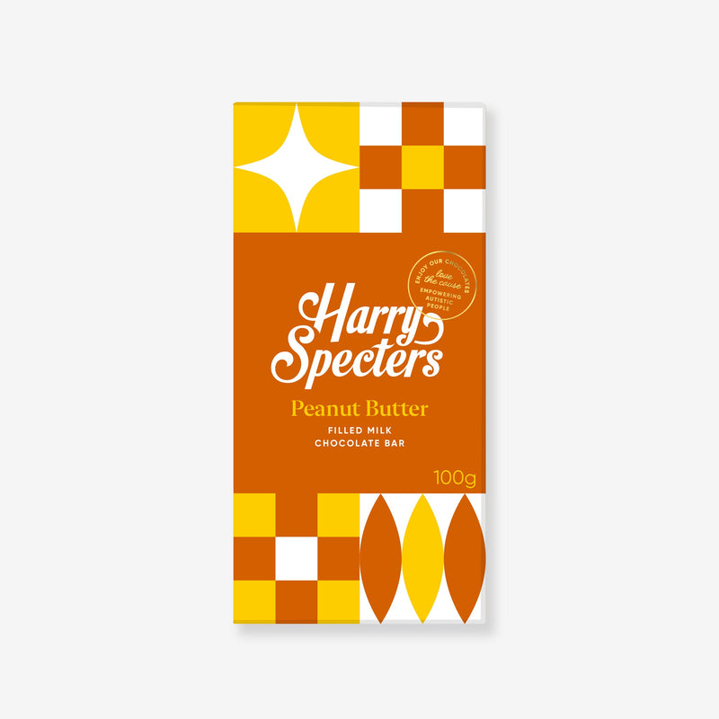 A milk chocolate peanut butter bar in colourful packaging showing the name Harry Specters