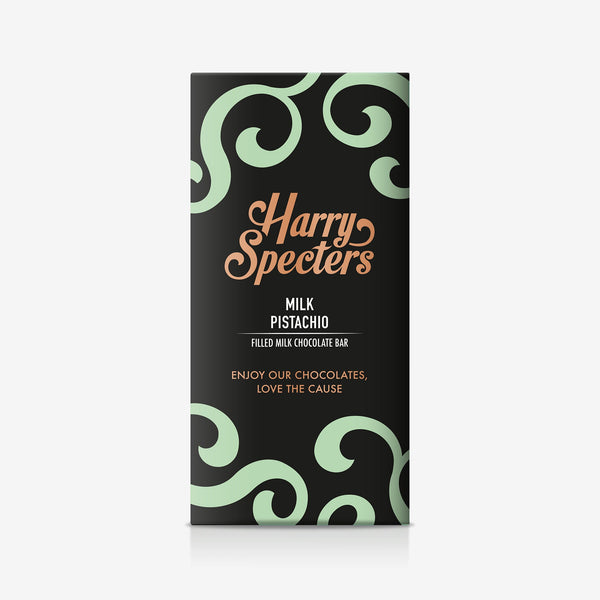 A milk chocolate pistachio bar in colourful packaging showing the name Harry Specters