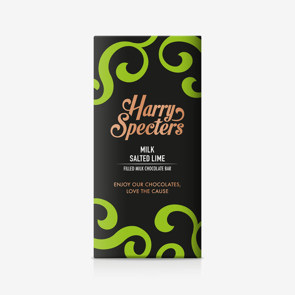 A milk chocolate salted lime caramel bar in colourful packaging showing the name Harry Specters
