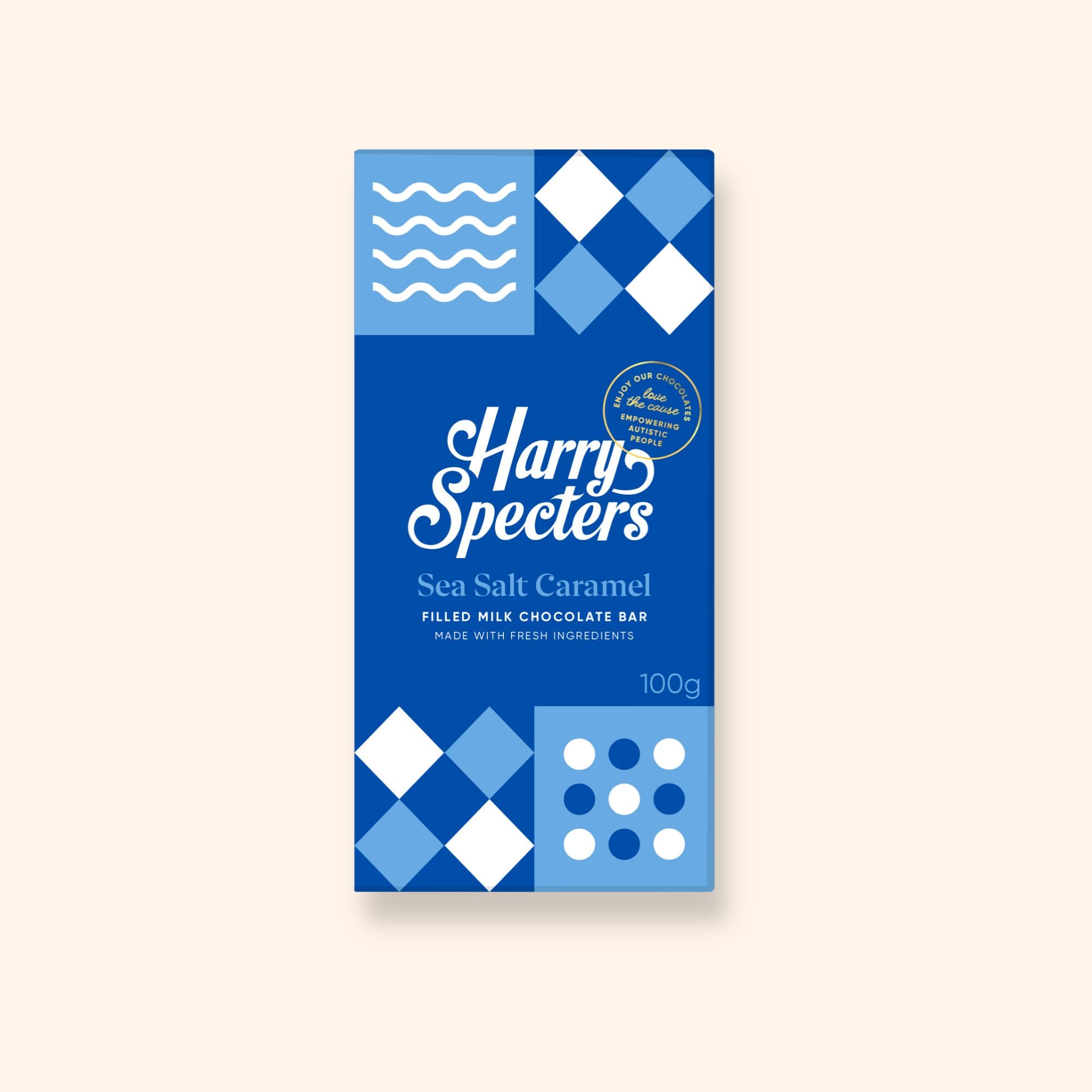 A milk chocolate sea salt caramel bar in colourful packaging showing the name Harry Specters