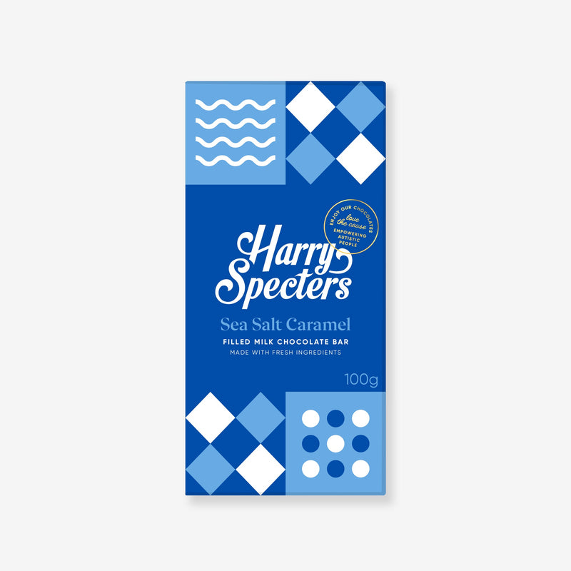A milk chocolate sea salt caramel bar in colourful packaging showing the name Harry Specters