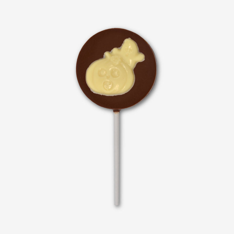A milk chocolate lollipop with a white chocolate Halloween design