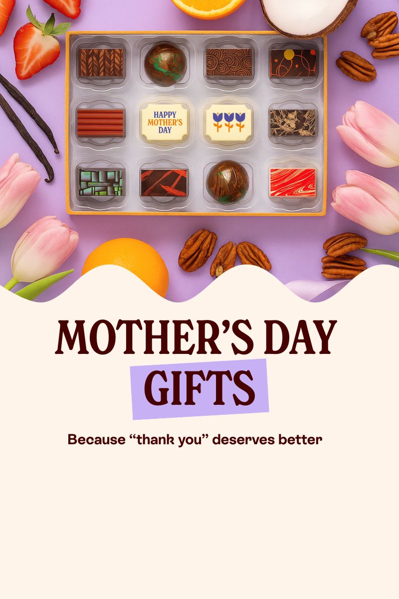 A box of Mother's Day chocolates surrounded by flowers and ingredients, with a message reading 'Mother's Day Gifts because thank you deserves better'