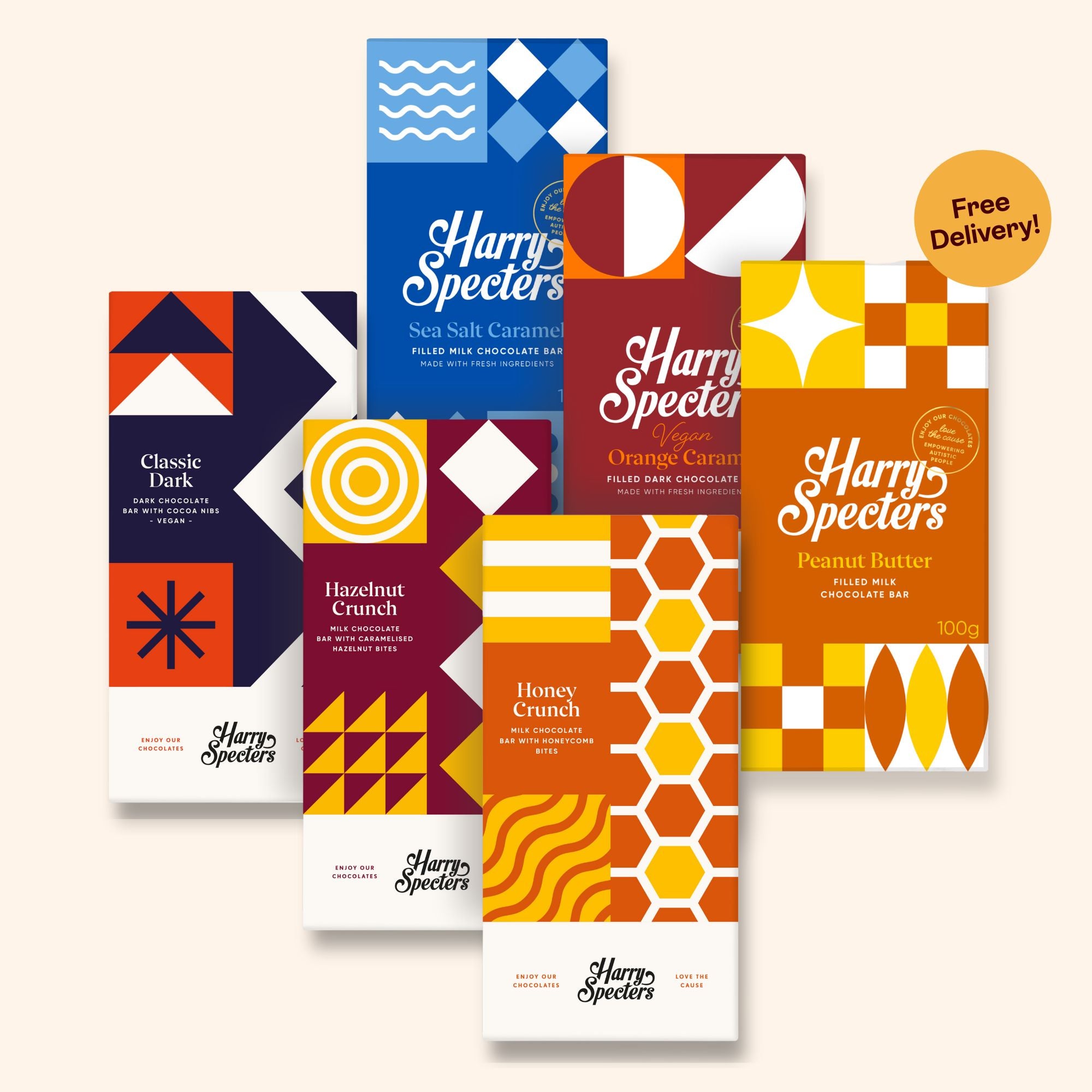 Collection of Harry Specters chocolate bars with colourful packaging on a white background
