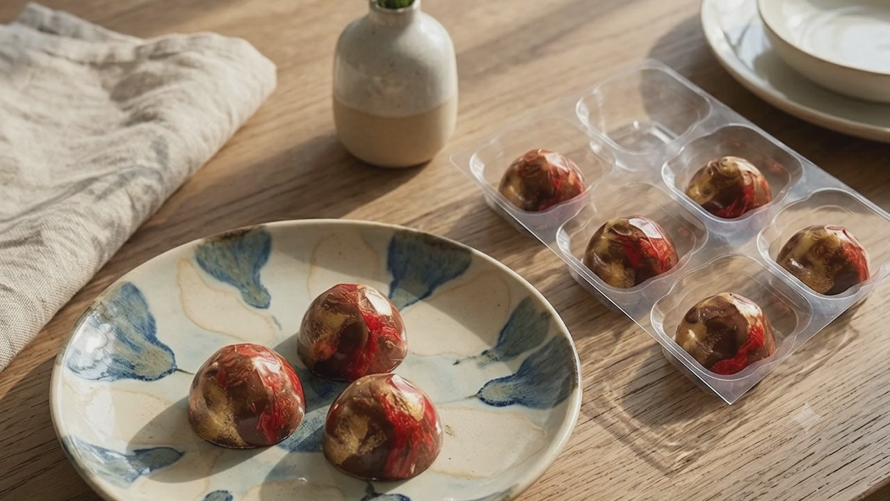 Raspberry rose chocolates in a tray and on a plate on a wooden table