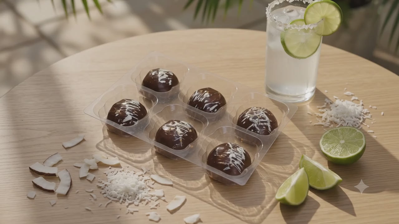 6 tropical coconut chocolates next to a glass of lemonade