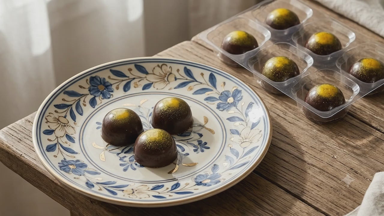 Mango calamansi chocolates on a decorative plate