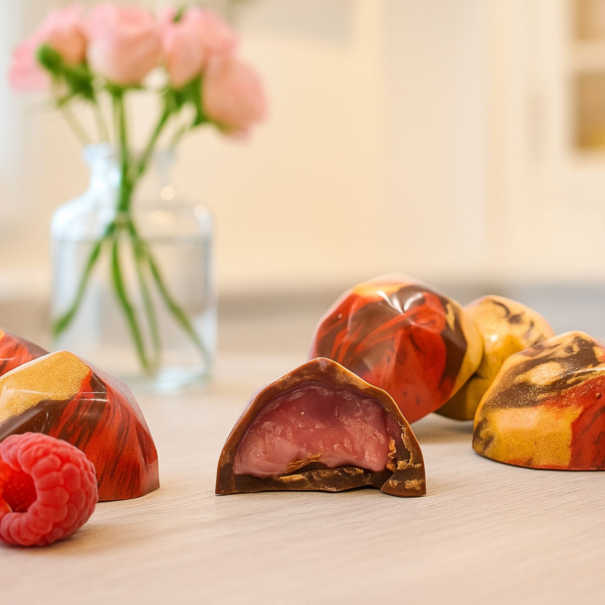 Raspberry and Rose chocolate truffles with a raspberry on a light surface, blurred roses in the background.