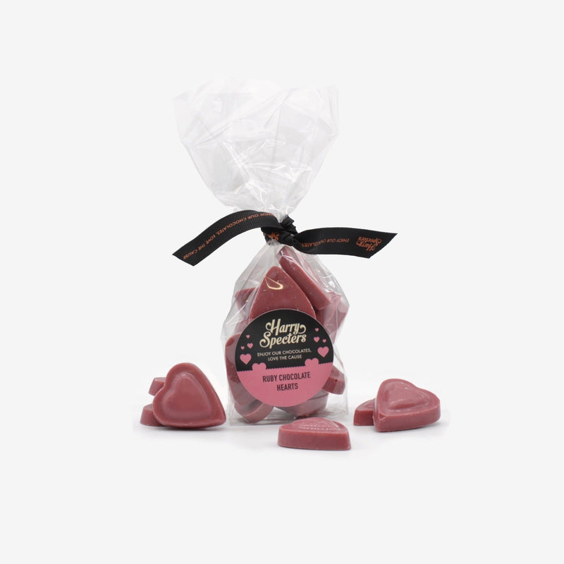 A bag of ruby chocolate heart shapes for Valentine's Day