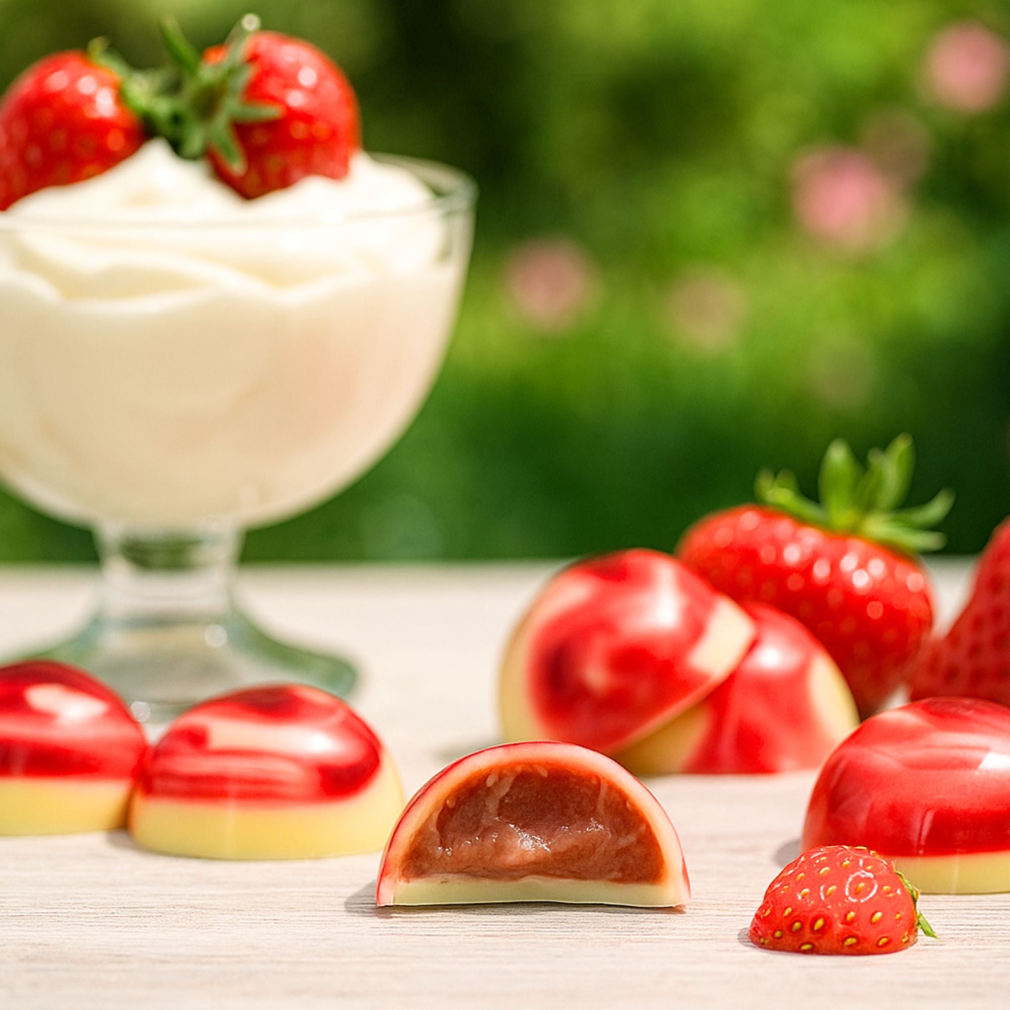 A selection of strawberry white chocolates on a table with strawberries and cream in the background