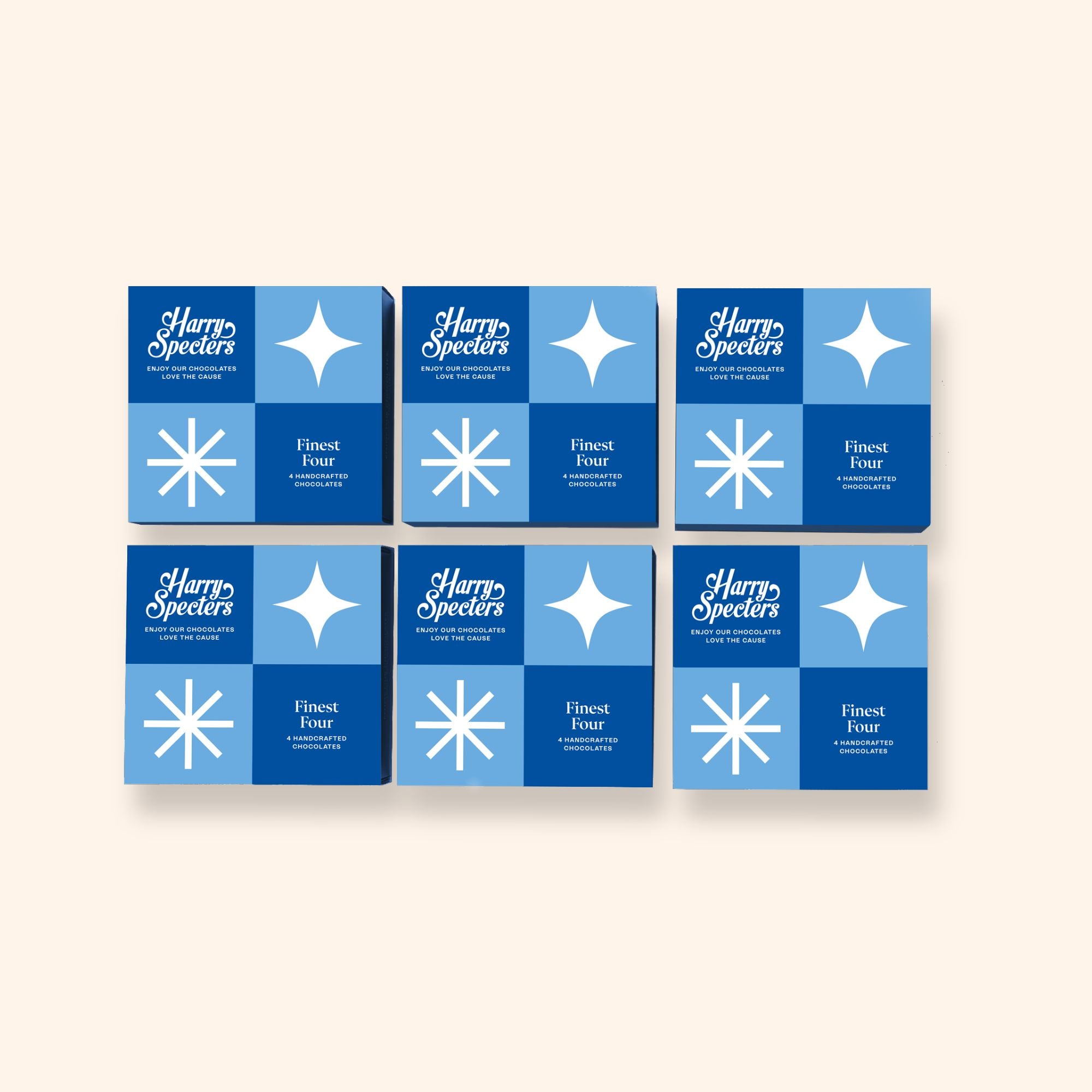 a group of 6 Finest Four chocolate boxes covered by lids showing the name Harry Specters