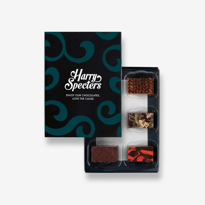 A box of 6 artisan chocolates by Harry Specters including Teachers gift themed designs partially covered by a box lid 