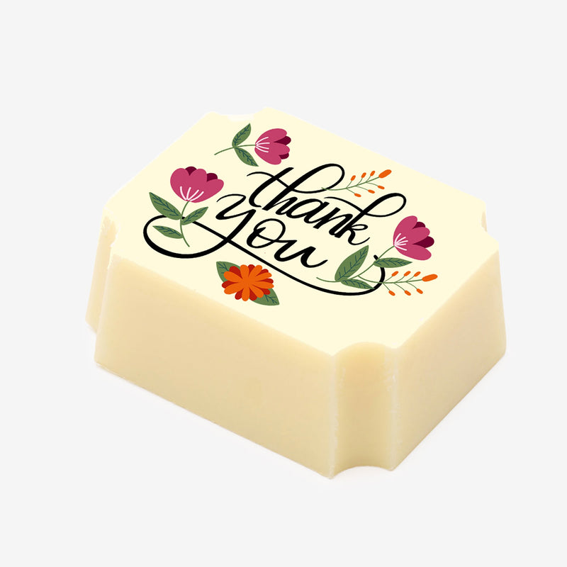 A white chocolate featuring a thank you message