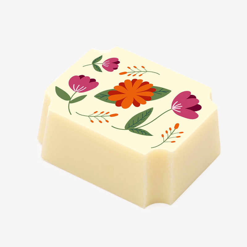 A white chocolate featuring a floral design