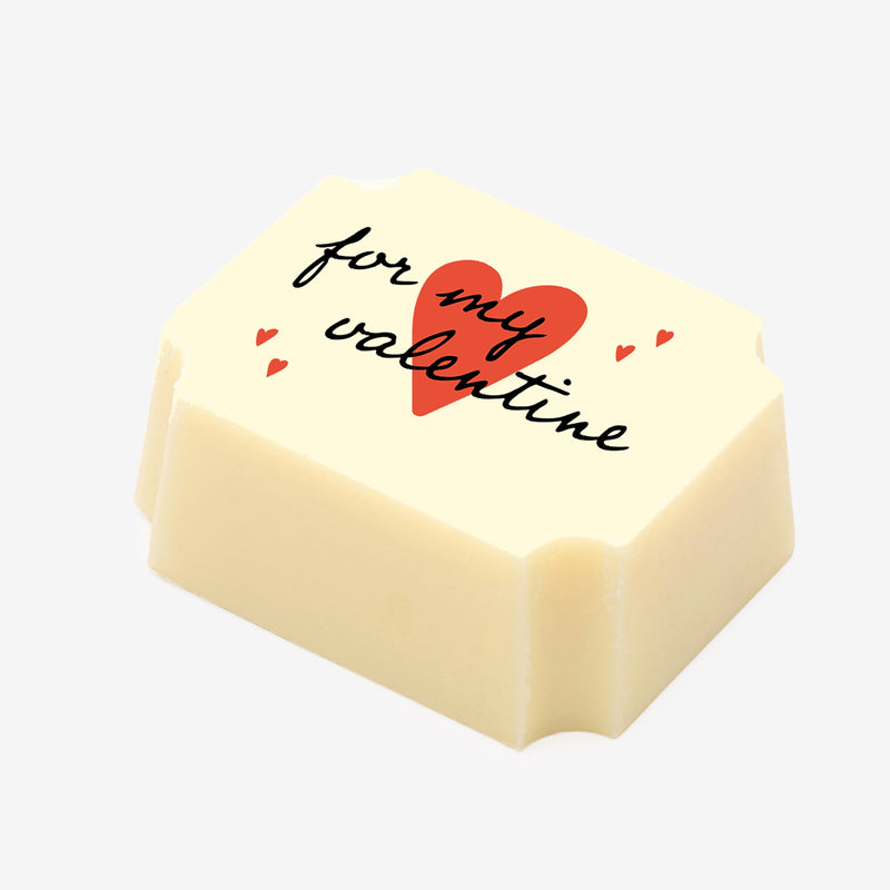 A white chocolate featuring a heart design with the words for my Valentine
