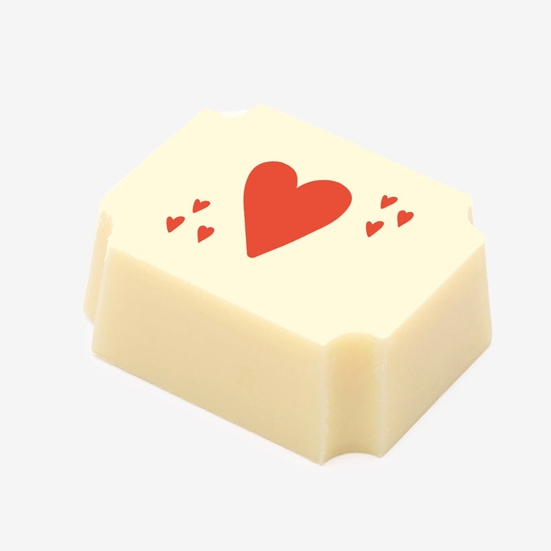 A white chocolate featuring a Valentine's Day heart design