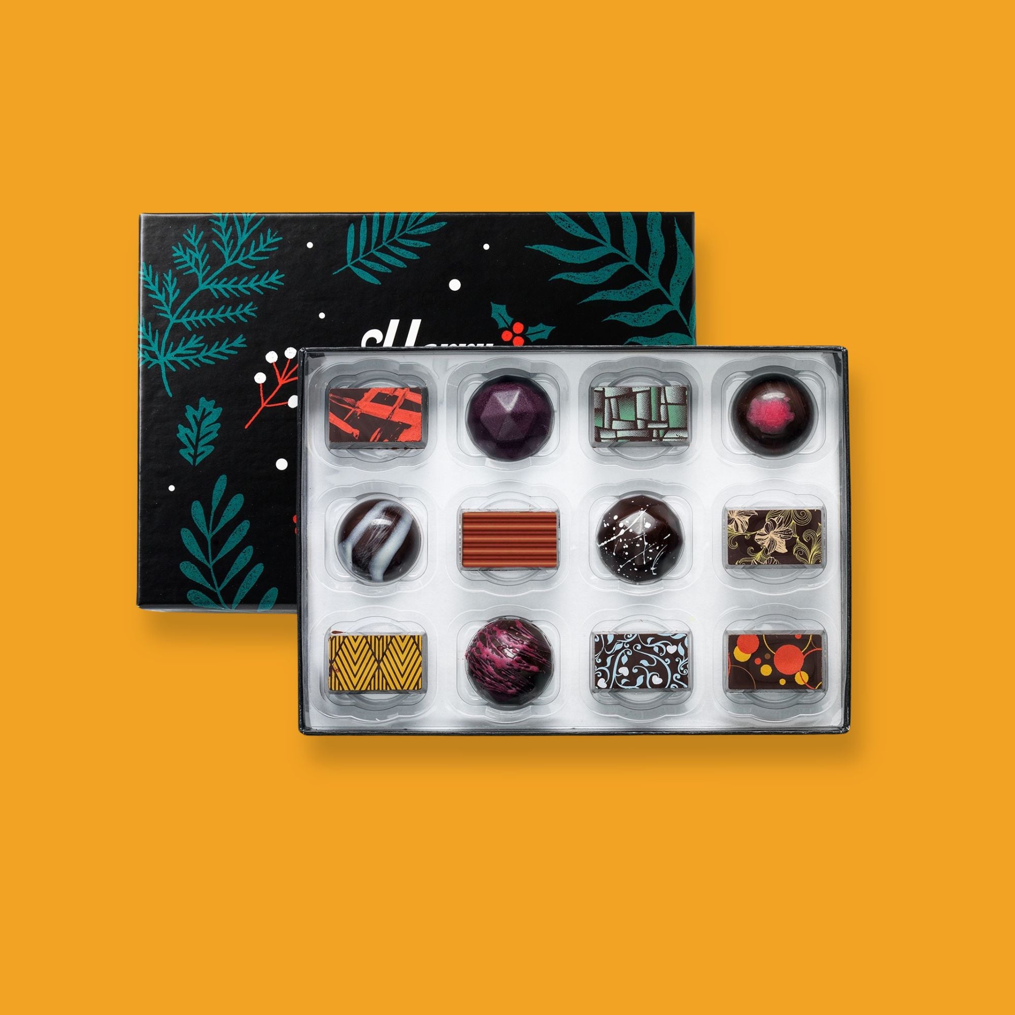 A Christmas chocolate box made with plant-based ingredients
