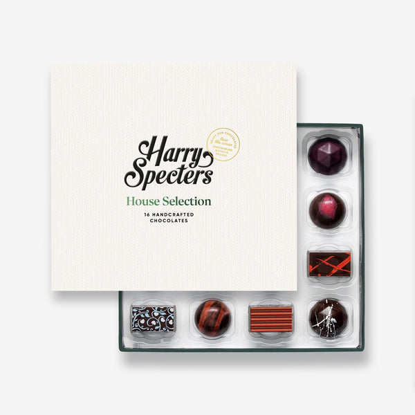 A box of 16 artisan vegan chocolates including partially covered by a box lid featuring the name Harry Specters