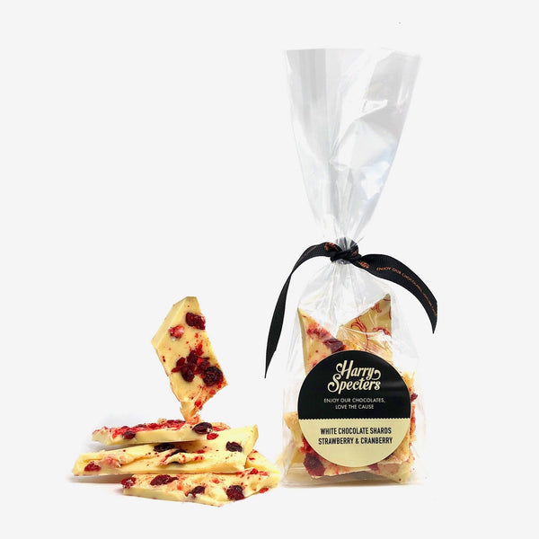 A bag of white chocolate shards with cranberries and freeze dried strawberries